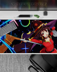 Anime mouse pad featuring Megumin casting Explosion, vibrant colors, 40x20 inches, adds dramatic flair to desk gaming.