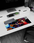 Megumin from Konosuba casting Explosion, vibrant colors burst around her on 28x12 inch anime mouse pad for gaming.