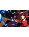 Desk pad 40x20 inches featuring Megumin from KonoSuba casting Explosion with vibrant neon colors and starry magic.