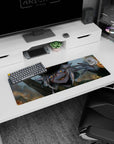 32x12 inches anime mouse pad featuring a silver-haired girl in a cap, glowing amber eyes staring ahead.