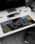Silver-haired anime soldier girl in dark cap staring with amber eyes on a 36x16 inches desk pad.