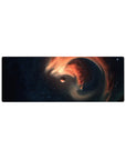 Cosmic swirl galaxy mouse pad 32x12 inches with nebula spiral, starry navy, and orange ribbons.