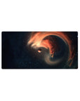 Cosmic swirl nebula mouse pad 32x16 inches with starry navy, smoky black, and orange ribbons.
