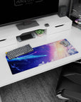 Starry sky scene with a bright comet streak and sunrise edge mouse pad, 32x12 inches.