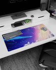 Comet and sparkling stars scene mouse pad 32x16 inches over soft clouds with a bright edge sunrise burst.