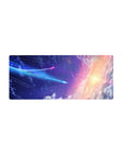 Cosmic night sky gradient mouse pad 28x12 inches with stars, comet streak, and soft cloud swirls.