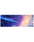 Dreamy night sky comet and star desk mouse pad, 32x12 inches.