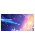 Dreamy night sky mouse pad 32x16 inches with gradients, tiny stars, cloud swirls, and a comet streak.