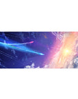 Night sky gradient desk pad 36x16 inches with stars, comet streak, and soft cloud swirls.