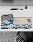 Intense 32x12 desk mat features iconic wave and Mount Fuji with intricate woodblock details for fans of art and history