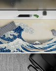 Dynamic 40x20 desk pad showcases towering blue wave, fragile boats, and serene Mount Fuji for ocean-inspired energy
