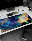 Planet halo horizon desk pad 40x20 inches with tiny constellations and shooting stars across the sky.
