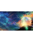 Starlit sky desk pad 40x20 inches with constellations, shooting trails, and a planet halo horizon.