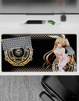 Irina Shidou anime mouse pad 32x16 inches, featuring bunny mode with fluffy ears, pastel pink, and magical gold circles.