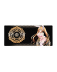 Irina Shidou anime mouse pad, 28x12 inches, featuring bunny mode with pastel pink, glowing gold arcane circles, and pop-art style.