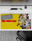 Bold yellow One Punch Man desk mat 32x16 inches, crisp high-contrast art that feels loud and motivating.