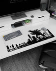 32x16 inches anime mouse pad showing roaring kaiju towering above stacked buildings, cinematic city scene.
