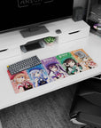 32x12 inches anime girl mouse pad showing Cocoa and friends winking with bows on pastel plaid panels.