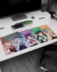36x16 inches anime mouse pad showing five girls winking and bowing in colorful plaid panels.