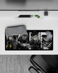 28x12 inches moody grayscale anime mouse pad with neon eyes, dark shadows, and subtle yellow-pink accents.