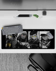 32x12 inches moody grayscale desk mat with neon eyes, dark shadows, and tiny yellow and pink accent pops.