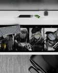 36x16 inches moody grayscale anime desk pad with neon green eyes, dark shadows, and pink/yellow accents.