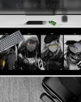 40x20 inches moody grayscale anime desk pad with neon eyes, dark shadows, and tiny pink-yellow accents.