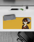 Bold orange anime girl mouse pad 28x12 inches, warm backdrop with red-gold trim and cocky vibe.