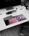 Spinning spaceship in streaky stars mouse pad, 28x12 inches, deep space scene for desks.