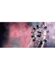Cosmic nebula desk pad with swirling galaxy blur and streaky stars, 36x16 inches.
