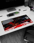 Modern 32x16 inches mouse pad showcasing a lone warrior in space, set against a backdrop of crimson destruction, cosmic blues, and shattered debris.
