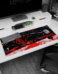Artistic 36x16 inches mouse pad featuring a lone warrior in space, with crimson destruction and cosmic blues creating a haunting, battle-scarred look.