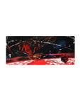 Mouse pad featuring a lone warrior in space, 28x12 inches, set against a haunting backdrop of crimson destruction and cosmic blues, with battle debris.
