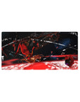 Mouse pad featuring a lone warrior in space, 32x16 inches, with crimson destruction and cosmic blues, surrounded by shattered remnants of battle.