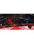 Mouse pad featuring a lone warrior in space, 36x16 inches, set against a crimson and cosmic blue backdrop, with floating shattered remains of battle.