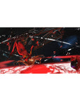 Mouse pad featuring a lone warrior in space, 40x20 inches, drifting against a backdrop of crimson destruction and cosmic blues, with floating shattered remains.
