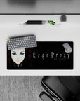 28x12 inches moody mouse pad in black and distressed purple with pale skin tones and blue eye shadow pop.