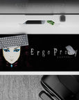 36x16 inches desk pad in moody black and faded purple with pale skin tones and cool blue eyeshadow pop.