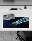 Midnight blue space mouse pad 28x12 inches with calm neon glow edge and subtle starry speckles.