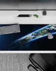 Midnight blue and inky black 36x16 inches desk pad mouse pad with calm neon glow and tiny stars.