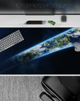 Midnight blue and inky space desk pad 40x20 inches with calm neon glow and scattered tiny stars.