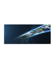 Galaxy Earth desk mouse pad 28x12 inches with tilted planet ribbon, stars, and cloud textures.
