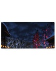 Epic 32x16 mouse pad showcasing towering mechas in battle, fiery reds, electric blues, and glowing lanterns for a cinematic look