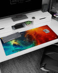 Starry night cosmos scene desk pad 36x16 inches with swirling clouds and scattered stardust.