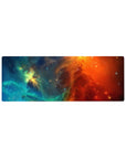 Nebula swirl galaxy mouse pad, 32x12 inches, with glittering star specks and bold cosmic print.