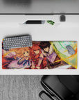 32x12 inches anime mouse pad in warm oranges and cool teals, bold painterly shading, rune-glow shield, hopeful vibe.