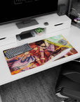 32x16 inches anime mouse pad with red-haired warrior and cloaked guardian raising a glowing rune shield.