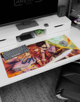 Anime desk pad 36x16 inches showing red-haired warrior ready as a cloaked guardian raises a glowing shield.