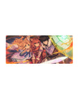 28x12 inches anime mouse pad with three heroes: red-haired fighter, cloaked guardian, and winged girl.