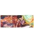 32x12 inches anime mouse pad with heroic trio: red-haired fighter, cloaked guardian, winged girl, streaking light.